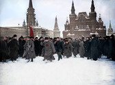 Leon Trotsky (Lev Davidovich Bronstein) salutes the crowds while he leads a group of high-ranking Red Army officers across Red Square, Moscow, 1920.jpg